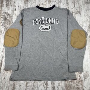 VTG Y2K Ecko Unlimited Long Sleeve Shirt Elbow Patches Embroider Blokecore Sz L